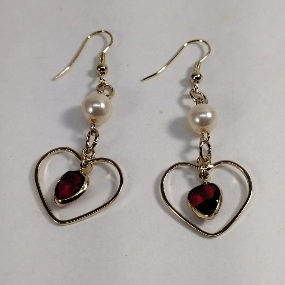 Women's  Gold Red Stone Heart Shape Beaded Earrings, 2.25-in Fashion Jewelry